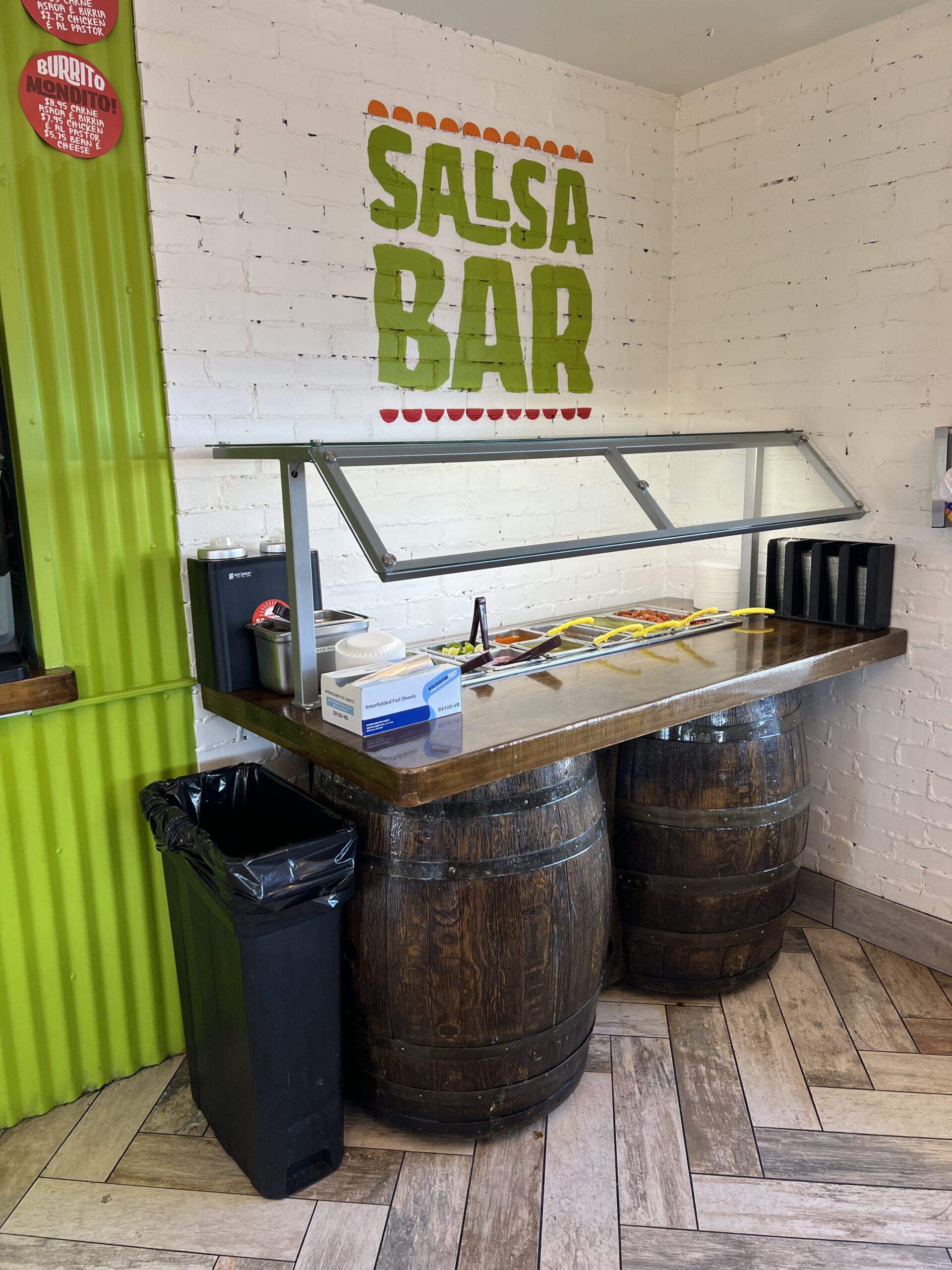Backyard Taco Mesa North salsa bar with fresh salsas and toppings