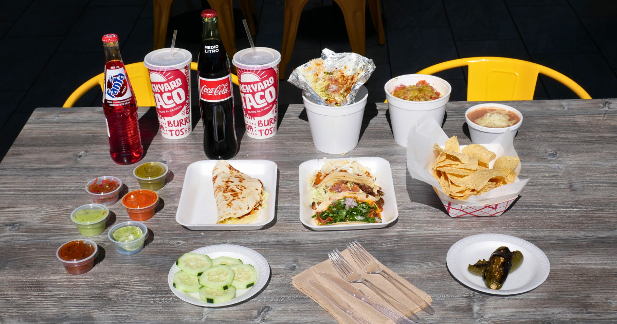 Backyard Taco tacos al carbón, vampiro, Bueno Bowl, and salsa for a Mesa movie night